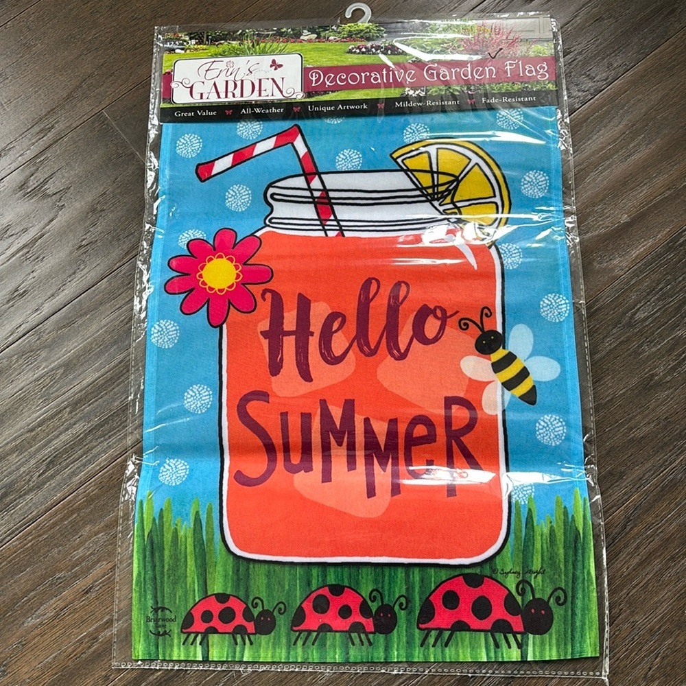 Erin’s Garden garden flag, Welcome Summer lemonade, ladybug-floral-lemon